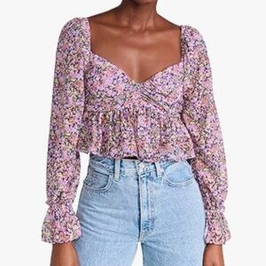 ASTR the Label Luann Cropped Floral Long Sleeve Peplum Purple Navy Blouse Medium